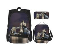 UVBDF Lot de 3 sacs à dos Tower Bridge à Londres pour voyage, étude, sac à dos, boîte à déjeuner et trousse à crayons, Noir , Taille unique, Ensemble cartable