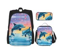 UVBDF Lot de 3 sacs d'école avec motif dauphins in LoveBackpack pour voyage, étude, boîte à déjeuner et trousse à crayons, Noir , Taille unique, Ensemble cartable