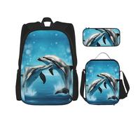 UVBDF Lot de 3 sacs d'école avec motif dauphins in LoveBackpack pour voyage, étude, boîte à déjeuner et trousse à crayons, Noir , Taille unique, Ensemble cartable