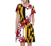 UVBDF Maryland State Flag Spring Robe trapèze pour femme, robe imprimée à manches courtes avec poches, taille élastique, jupe confortable au quotidien, Noir , 3XL