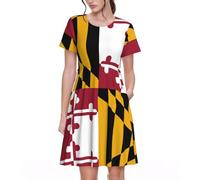 UVBDF Maryland State Flag Spring Robe trapèze pour femme, robe imprimée à manches courtes avec poches, taille élastique, jupe confortable au quotidien, Noir , M