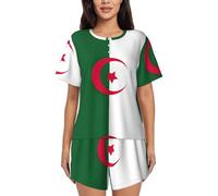 UVBDF Pyjama d'été 2 pièces pour femme Drapeau de l'Algérie Vêtement de détente doux et léger avec poches pour le salon quotidien, Noir , XL