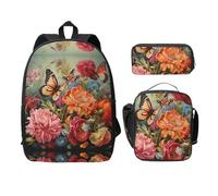 UVBDF Sac à dos à fleurs et papillons avec boîte à déjeuner et trousse à crayons pour les aventures du week-end, Noir , Taille unique, Organiseur de sac