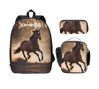 UVBDF Sac à dos avec motif chevaux de course avec boîte à déjeuner et trousse à crayons pour les aventures du week-end, Noir , Taille unique, Organiseur de sac