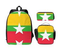 UVBDF Sac à dos avec motif drapeau de la Birmanie - Sac à dos avec boîte à déjeuner et trousse à crayons pour les aventures du week-end, Noir , Taille unique, Organiseur de sac