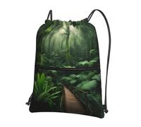 UVBDF Sac à dos léger imprimé forêt tropicale avec cordon de serrage, compartiment réglable pour balade à la plage, Noir , One Size, Sac à dos daypack