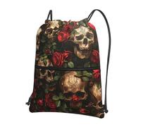 UVBDF Sac à dos léger imprimé tête de mort et rose rouge avec cordon de serrage, compartiment réglable pour balade à la plage, Noir , One Size, Sac à dos daypack