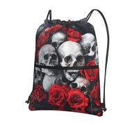UVBDF Sac à dos léger imprimé tête de mort et rose rouge avec cordon de serrage, compartiment réglable pour balade à la plage, Noir , One Size, Sac à dos daypack
