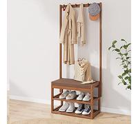 UVCMDUI Porte Manteau sur Pieds Design, 3 en 1 Meuble D'entrée avec 2 Étagères et Banc Chaussures, Vestiaire Entrée en Bambou Grand Portemanteau Meubles pour Entrée Salon,63cm/24.8in