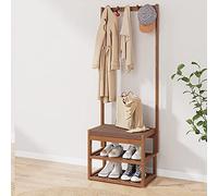 UVCMDUI Porte Manteau sur Pieds Design, 3 en 1 Meuble D'entrée avec 2 Étagères et Banc Chaussures, Vestiaire Entrée en Bambou Grand Portemanteau Meubles pour Entrée Salon,53cm/20.9in