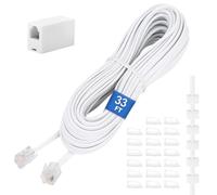 Uvital Rallonge de téléphone de 10 m, câble téléphonique avec prise RJ11 standard et coupleurs de 1 en ligne et 20 supports de clip de câble, blanc