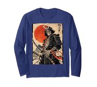 Œuvre d'art Japonaise Samouraï Warrior Squelette Ukiyo Encre Samouraï Manche Longue, Unisexe pour Adultes, Bleu Marine, L