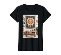 Œuvre d'art rétro Motif Visage de Soleil céleste Espace de méditation T-Shirt Graphique avec Valeur, Femme, Noir, L