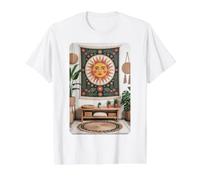 Œuvre d'art rétro Motif Visage de Soleil céleste Espace de méditation T-Shirt Graphique avec Valeur, Homme, Blanc, XL