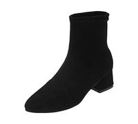 Uwdiohq Automne Hiver Femmes Bottines Talon Bas Pointu Solide Cuir sans Lacet Haut Confortable Cuissardes pour avec Liens (Black, 41) Femme Botine. Boots Fourrees Womens Bottes Plates