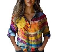 Uwdiohq Blouse Femme pour Imprimée, Boutonnée, Tendance, Décontractée, Manches Sept-Quarts (Yellow, XXL) Chemisier Tee Shirt Longues Chemise Chaude Bleu Roi Sequin Shirts for Women Fille Ans