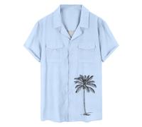 Uwdiohq Chemise À Double Poche pour Hommes, Couleur Unie, Col Cubain, Imprimé Cocotier, Vacances Décontractées Homme Noir Et Blanc (Light Blue, M) 4XL Ete Manche Courte Chemisette Annee 80