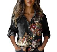 Uwdiohq Chemise Femme Chic Et Élégant Imprimée, Boutonnée, Tendance, Décontractée, Manches Sept-Quarts (Black, XL) Noire Tshirt Manche Longue Blouse Grande Taille Chemisier Blanc 52 Christmas