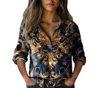 Uwdiohq Chemise Femme pour Imprimée, Boutonnée, Tendance, Décontractée, Manches Sept-Quarts (Navy, XL) Noel Haut Chic Et Elegant Manche Longue Chemisier Col Mao T Shirt Tee Long Coton Blouse