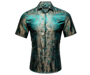 Uwdiohq Chemise Homme Manches Courtes Luxe Élégante Jacquard Boutonnée Coupe Ajustée Satinée Imprimé Floral Décontractée Bal Mariage Multicolore S-3XL