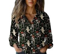 Uwdiohq Chemises d'halloween pour Femme - Style Vacances Saison Effrayante Visage de Citrouille Chemisier Graphique à col en V Boutonné Manches Longues Tunique Femme Longue Chemise en Lin Blouse