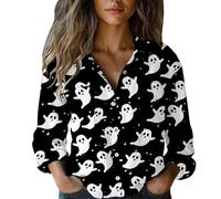 Uwdiohq Chemises d'halloween pour Femme - Style Vacances Saison Effrayante Visage de Citrouille Chemisier Graphique à col en V Boutonné Manches Longues Tunique Femme Chemise Longue Ete Fluide