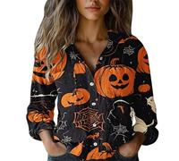 Uwdiohq Chemises d'halloween pour Femme - Style Vacances Saison Effrayante Visage de Citrouille Chemisier Graphique à col en V Boutonné Manches Longues Chemise Femme Chic et élégant Top Chic Et