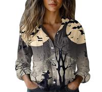 Uwdiohq Chemises d'halloween pour Femme - Style Vacances Saison Effrayante Visage de Citrouille Chemisier Graphique à col en V Boutonné Manches Longues Chemisier Blanc Femme Tunique Voile Blouse