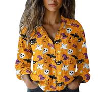 Uwdiohq Chemises d'halloween pour Femme - Style Vacances Saison Effrayante Visage de Citrouille Chemisier Graphique à col en V Boutonné Manches Longues Blouse Femme Hauts Blanc Tunique Longue