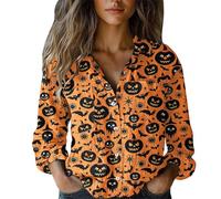 Uwdiohq Chemises d'halloween pour Femme - Style Vacances Saison Effrayante Visage de Citrouille Chemisier Graphique à col en V Boutonné Manches Longues Chemisier Blanc Femme Ensemble Chic Et