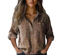 Uwdiohq Chemisiers Et Blouses Femme Imprimée, Boutonnée, Tendance, Décontractée, Manches Sept-Quarts (Brown, XL) Chemisier Manche Longue Haut Chemise Coton Retroussable Dentelle T Shirt Boutonné