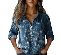 Uwdiohq Chemisiers Et Blouses Femme Imprimée, Boutonnée, Tendance, Décontractée, Manches Sept-Quarts (Dark Blue, XXL) Chemise Noel Tee Shirt Manche Longue Coton Retroussable Chemisier Fluide