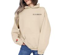 Uwdiohq Custom Embroidered Roman Numeral Sweatshirt Couple Shirt Initial on Sleeve Anniversary Year Personalized Date Hoodie Valentines Day Blouse Hiver (Beige, XXL) One Piece Pull Robe De Noël