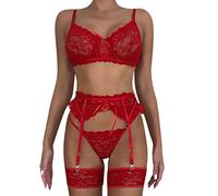 Uwdiohq Femmes Mode Impression Lingerie Dentelle Trois Pièces Ensemble sous-Vêtements Sexy avec Chaussettes Ou Anneau Tenue (Red, XXL) Dessous Femme Soutien Gorge Armature Érotique Hot SM