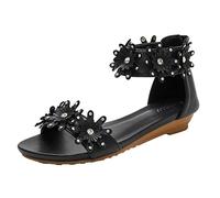 Uwdiohq Femmes Sandales Retour Zipper Casual Bohème Chaussures De Plage Strass Décor Motif Chaussons Fermés Scratch (Black, 42) Sport Femme Été Talons Sandale Marche Chaussure Orthopédique Women