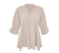 Uwdiohq Haut Court plissé Ample à col en V pour Femmes européennes et américaines, Tendance Printemps/été Chemisiers Manches Longues pour Femmes Habillées Décontractées (Beige, L) Chemise Femme