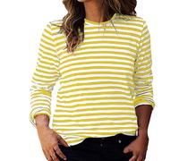 Uwdiohq Hauts décontractés à Manches Longues rayés pour Femmes, col Rond, côtelé, t-Shirts Basiques Corsets pour Femmes Manches Longues (Yellow, M) Chemisier Femme Tee Shirt Femme 3/4 Tunique