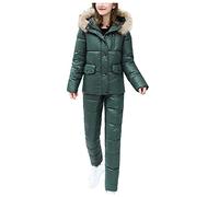 Uwdiohq Manteau Femme Hiver Manteaux Pantalon Costume Décontracté Épais Chaud Snowboard Skisuit Sports De Plein Fermeture Éclair Coton Rembourré À Capuche Ski Costumes (Green, Xxl) Noir