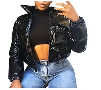 Uwdiohq Manteaux Femme En Cuir Verni Solide Court Manteau Doudoune Rembourré Vêtements D'Extérieur (Black, M) Long Hiver Chaud D'Hiver Grande Taille Rouge Chic Et Veste Polaire Avec Capuche 46