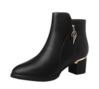 Uwdiohq Mesdames Couleur Unie Bottes Bout Rond Talon Moyen Strass Boucle Côté Fermeture Éclair Courtes Cuissardes Cuir (Black, 39) Bottines Pieds Larges Femme Plates Boots Bottine Botine.