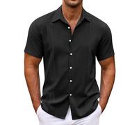 Uwdiohq Offres Flash du Jour Chemise décontractée à Manches Courtes pour Hommes, Couleur Unie, rayée, Tendance, Boutons Amples T-Shirts Hommes du Métier Tisser Vente déstockage 1P