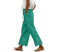 Uwdiohq Pantalon Fluide Femme Été 7/8 Coton Lin Taille Haute Élastique avec Poches - Décontracté Léger Fluide pour Plage - Chic et Élégant Pantalon Large