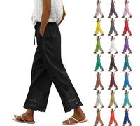 Uwdiohq Pantalon Fluide Femme Été 7/8 Coton Lin Taille Haute Élastique avec Poches - Décontracté Léger Fluide pour Plage - Chic et Élégant Pantalon Large