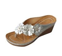 Uwdiohq Pantoufles D'Été pour Femmes, Trois Fleurs, Commerce Extérieur, Semelle Épaisse, Talon Compensé, Pince À Orteils, Sandales De Plage Femmes Grosses Bottes Noires (Silver, 42) Chaussures