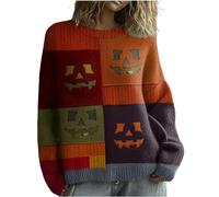 Uwdiohq Pull Plaid Femme pour Femmes Pulls 2025, en Imprimé Citrouille Patchwork (Orange, XL) Sweater Chic Col Roulé Leger Halloween Sweats À Capuche Sweat Blanc Manches Longues De Couleur Unie
