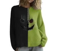 Uwdiohq Pull Rose Femme pour Femmes Pulls 2025, en Imprimé Citrouille Patchwork (Green, S) Oversize Col Roulé V Halloween Sweat sans Capuche Sweatshirt Femmee À Doudoune Hiver Grande Taille