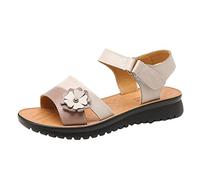 Uwdiohq Sandales En Cuir Pour Femmes Nouveaux Vêtements D'Extérieur D'Âge Moyen Fond Plat Crochet Boucle Personnes Âgées Semelle Souple Anti-Dérapant Pantoufles (Beige 37) Sandale Femme De