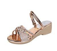 Uwdiohq Sandales Femme Été Mesdames Couleur Unie Strass Glisser Sur Romaines Compensées Pantoufles Pour Femmes Chaussons Semelle Souple Confort Chaussures Randonnée Nue Pied Ete Sandale