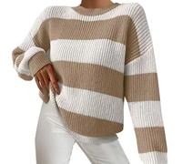 Uwdiohq Striped Sweater Loose Lazy Long Sleeved Pullover Round Neck Knit Barboteuse en Jean Blanc (Beige, M) Pulls Femme Pull Automne Pulls, Gilets Et Sweats Robe Sweat for The Culture Hiver