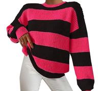 Uwdiohq Striped Sweater Loose Lazy Long Sleeved Pullover Round Neck Knit Barboteuse en Jean Blanc (Watermelon Red, M) Pull Femme Hiver Chic sous Col Roulé for The Culture Sweat Sweatshirt